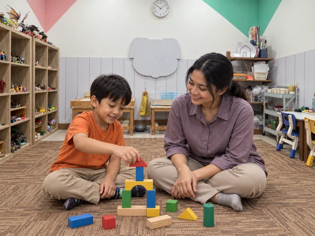 AI-generated illustration of an adult and child building with colorful blocks